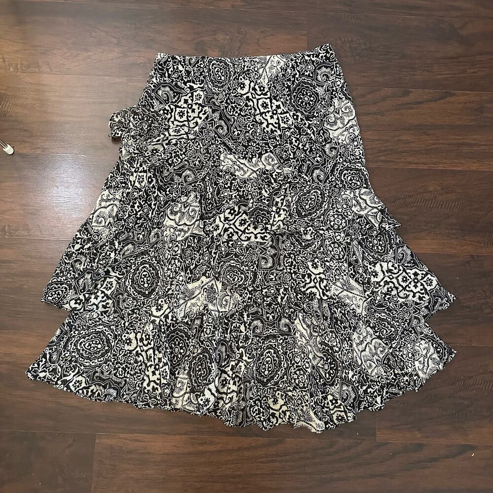 Lauren Ralph Lauren black & cream silk midi skirt size L - Picture 3 of 8